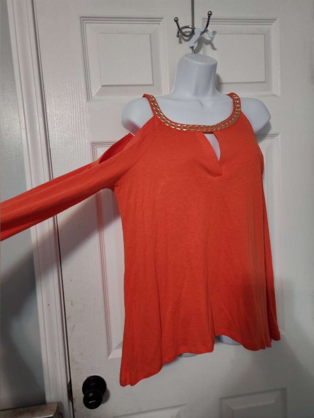 Michael Kors Orange Cold-Shoulder Blouse with Gold Chain Trim